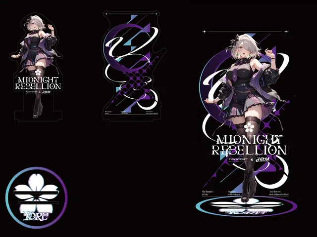 Yoru acrylic standee design showing front and back artwork, a floral base and the assembled Midnight Rebellion display