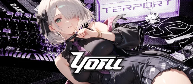 Yoru character illustration with purple and black keyboard graphics and the Yoru logo